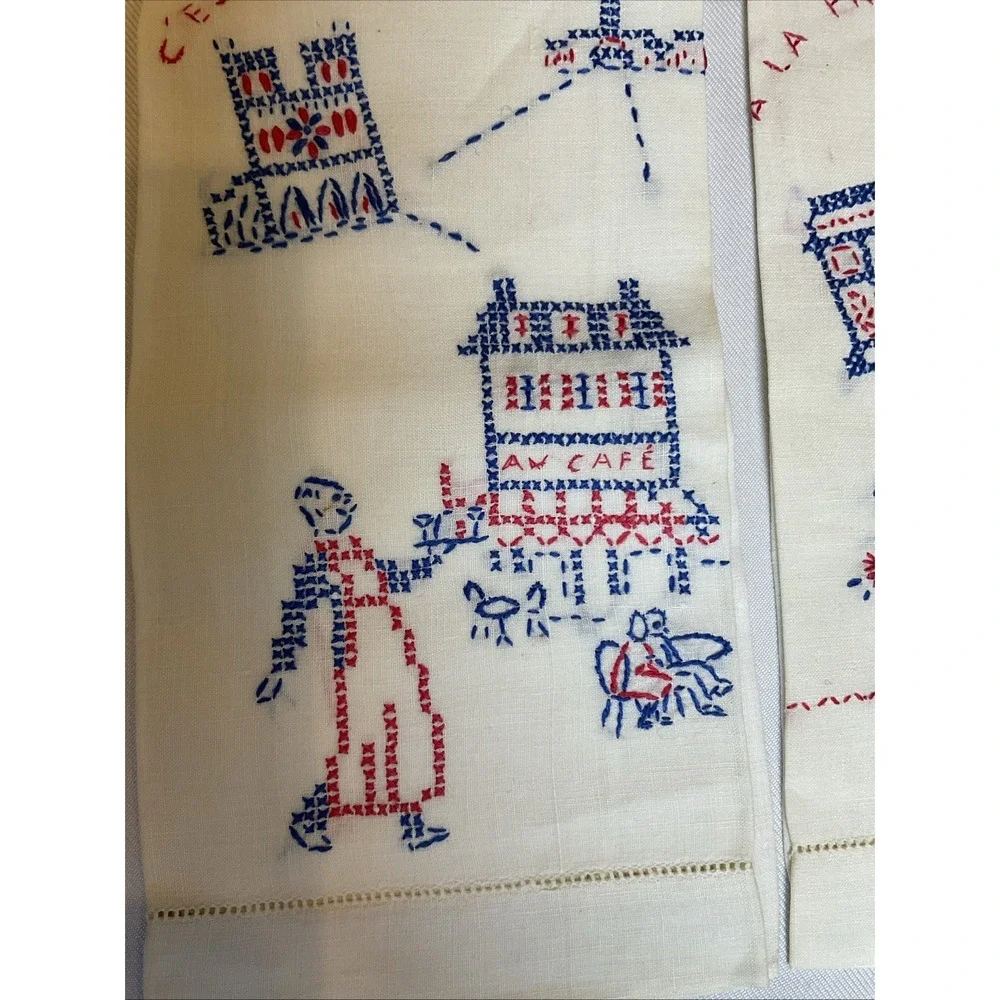 2 Vtg C’est La Vie Cross Stitch Hand Embroider Napkins Towels French Cottagecore